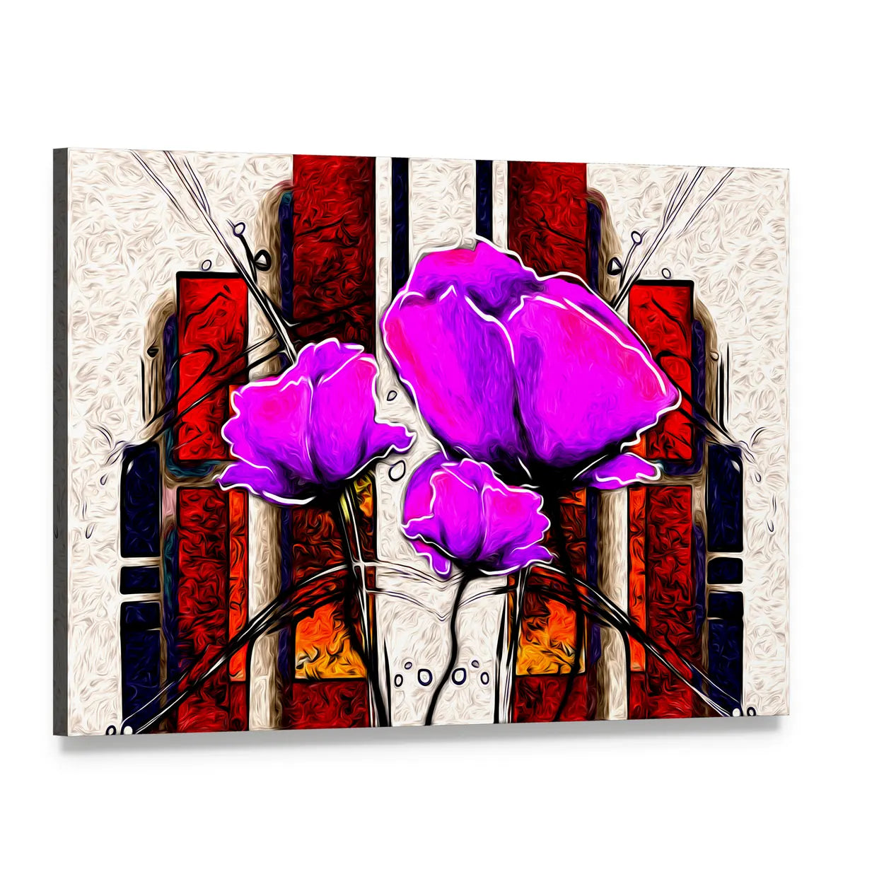 Oil Painted Purple Poppies with Geometric Background Canvas Wall Art, single panel gallery wrapped canvas, angled product view