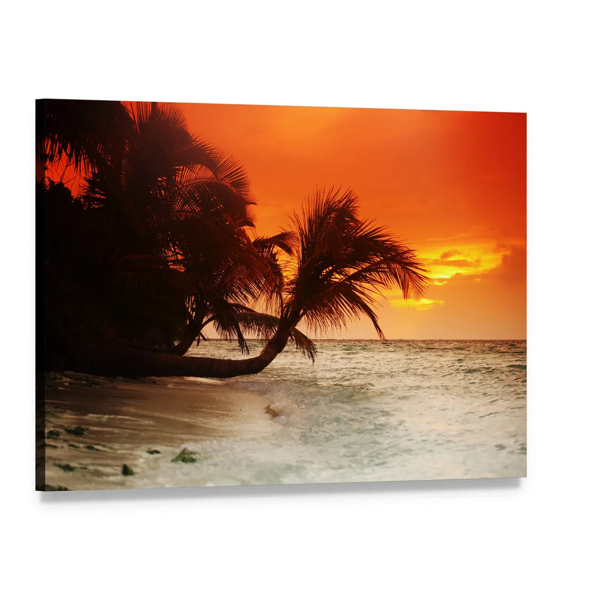 Ocean Sunset with Palm Silhouettes Canvas Wall Art, single panel gallery wrapped canvas, angled product view