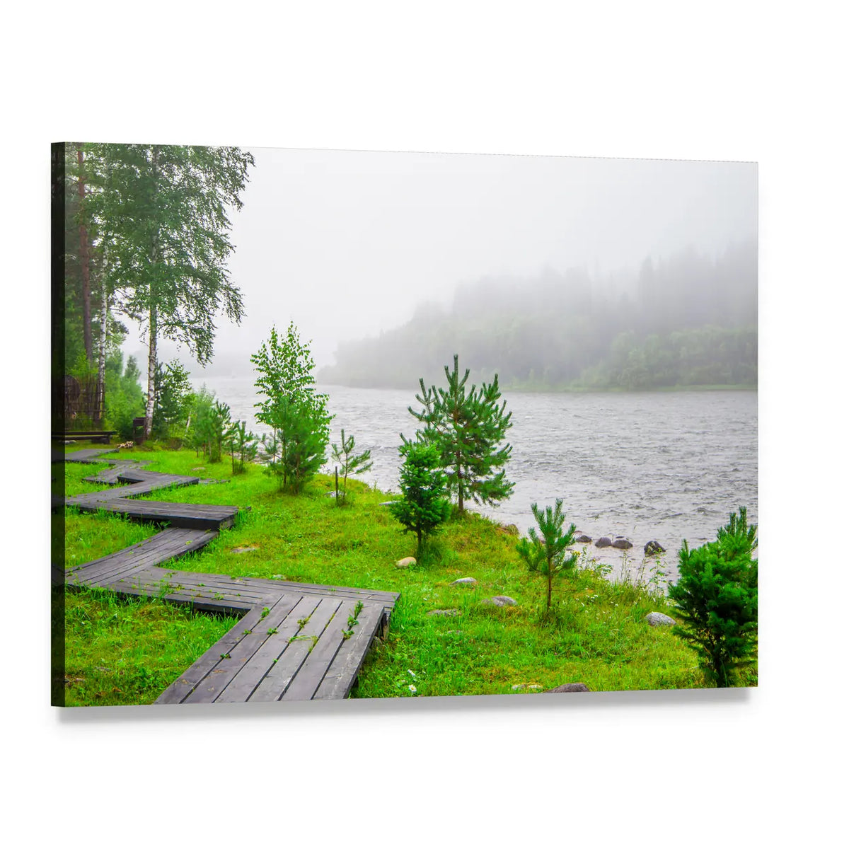 Foggy Forest Trails by the River Canvas Wall Art, single panel gallery wrapped canvas, angled product view