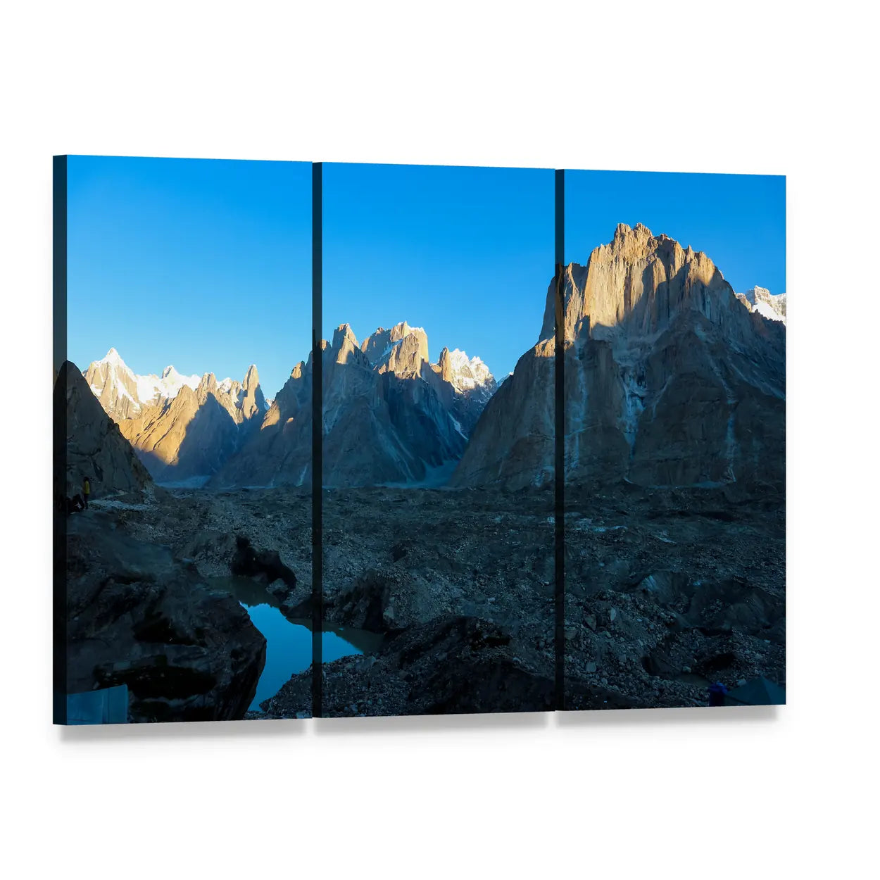 Trango Towers and Baltoro Glacier Karakorum Pakistan Canvas Wall Art, 3 panel 3 Horizontal layout gallery wrapped canvas set, angled product view
