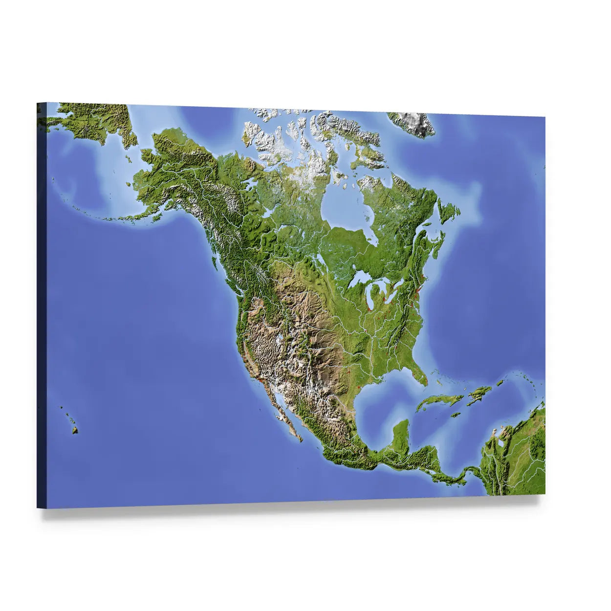 North America Topographic Map Canvas Wall Art, single panel gallery wrapped canvas, angled product view