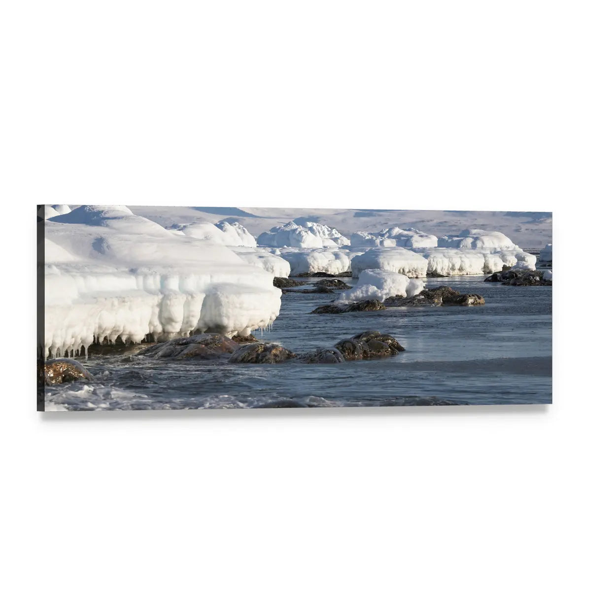 Arctic Winter Shoreline Landscape Panoramic Canvas Wall Art, single panel gallery wrapped canvas, angled product view