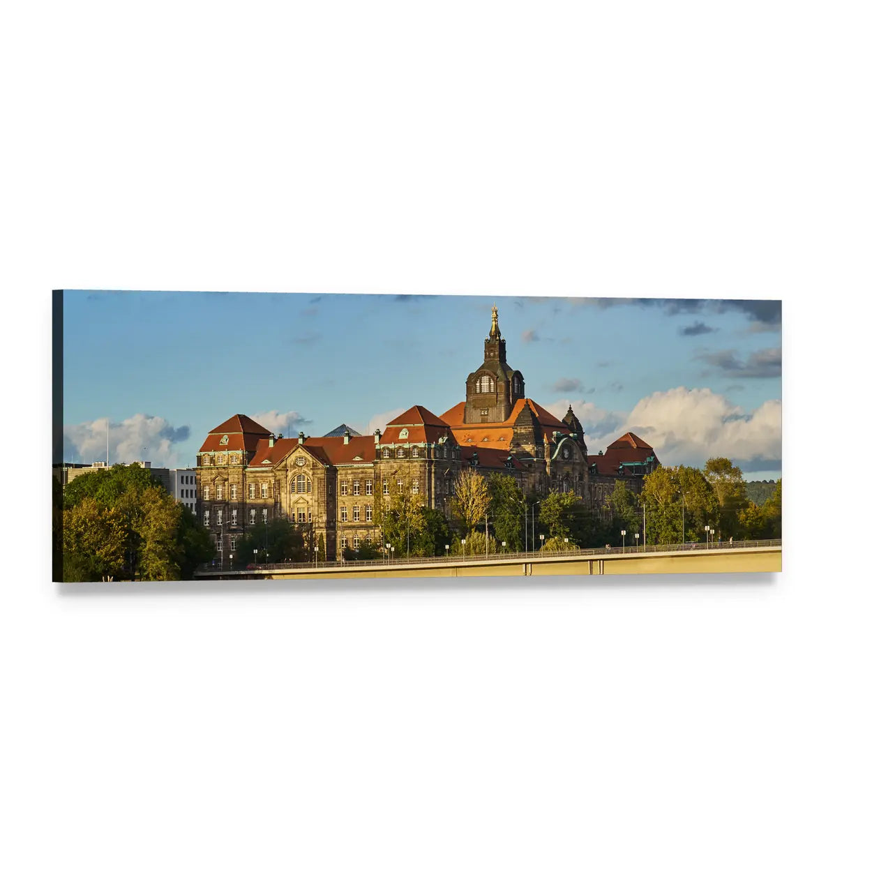 Baroque Cityscape with Tower and Bridge Panoramic Canvas Wall Art, single panel gallery wrapped canvas, angled product view