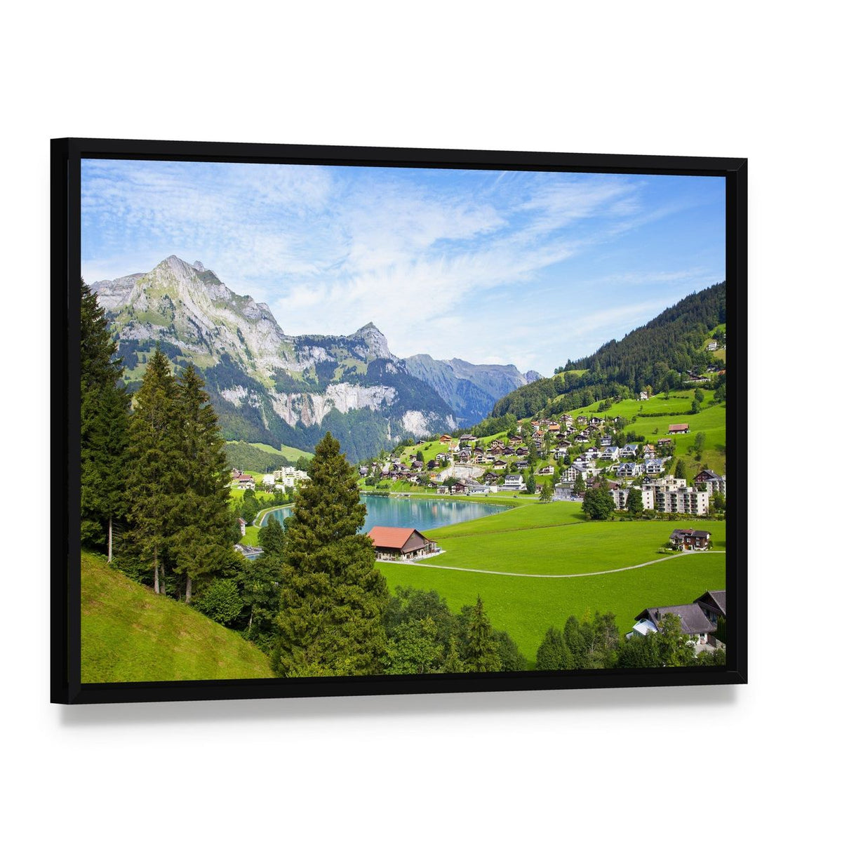 Engelberg Village Switzerland Canvas Wall Art, framed canvas in a black floater frame, angled product view
