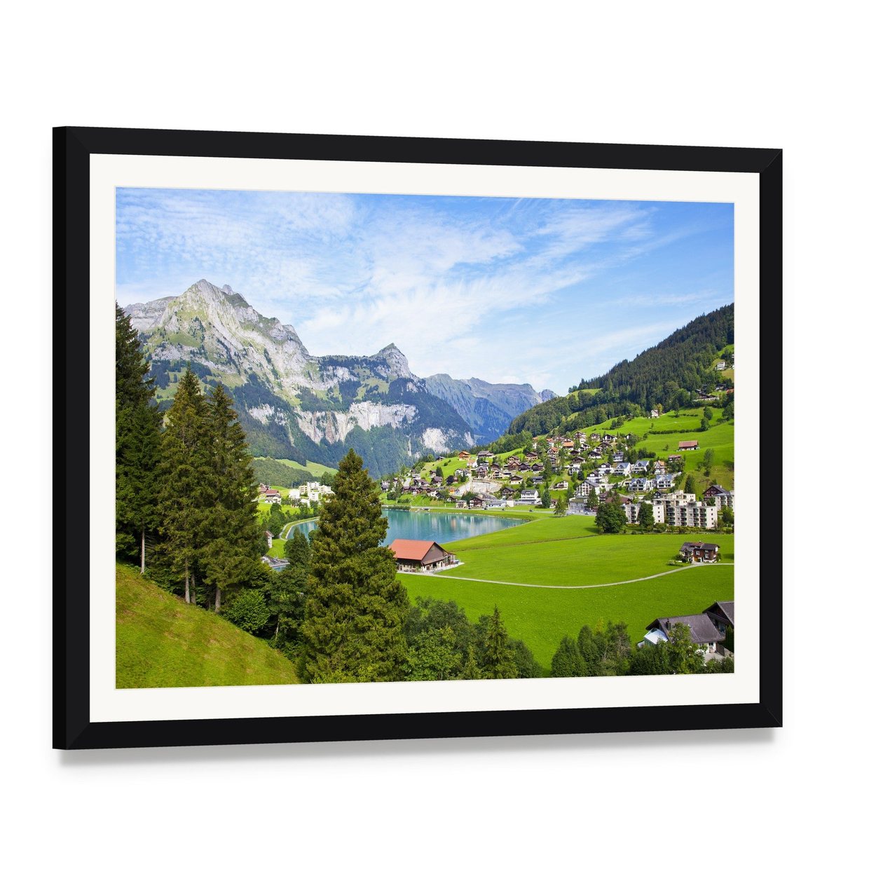 Engelberg Village Switzerland Canvas Wall Art, framed print with white mat and black frame, angled product view