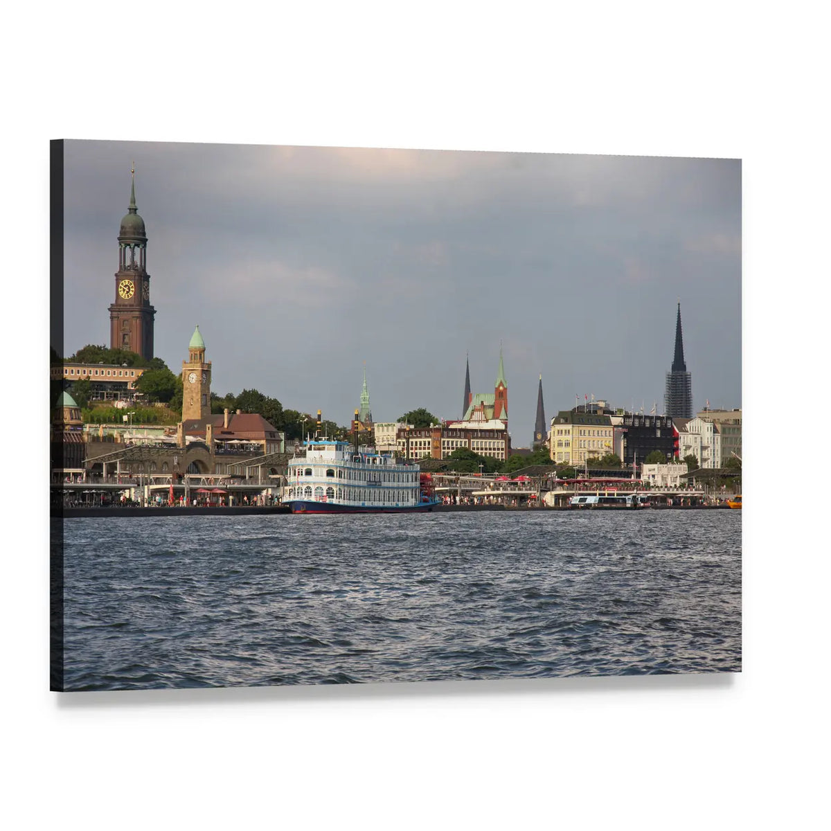 Hamburg Harbor Clock Tower and White Multi-deck Boat Canvas Wall Art, single panel gallery wrapped canvas, angled product view