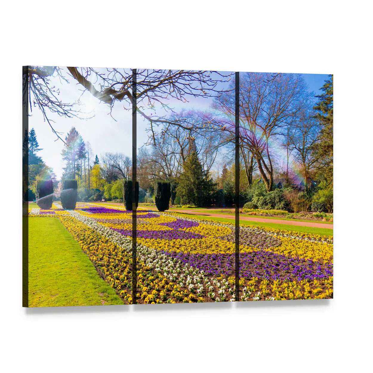 Spring Garden with Sunlit Flower Bed Canvas Wall Art, 3 panel 3 Horizontal layout gallery wrapped canvas set, angled product view