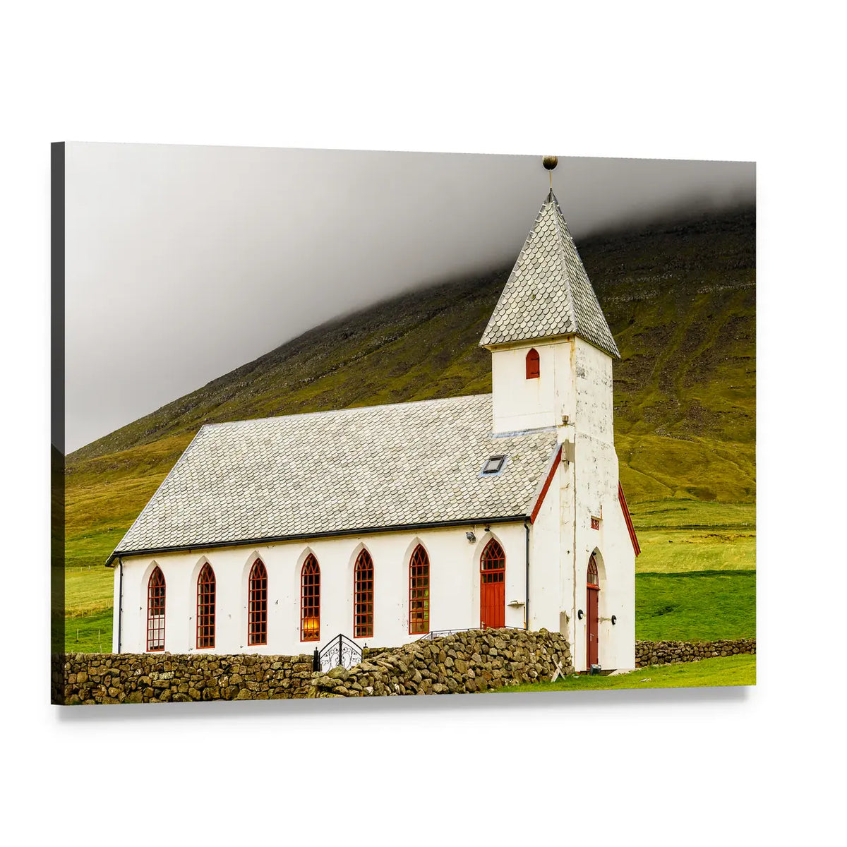 Church on Sandoy, Denmark Canvas Wall Art, single panel gallery wrapped canvas, angled product view