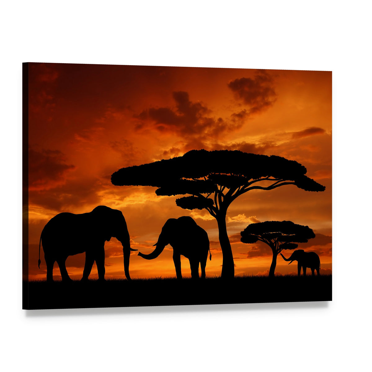 Silhouette of Two Elephants in the Sunset Canvas Wall Art, single panel gallery wrapped canvas, angled product view