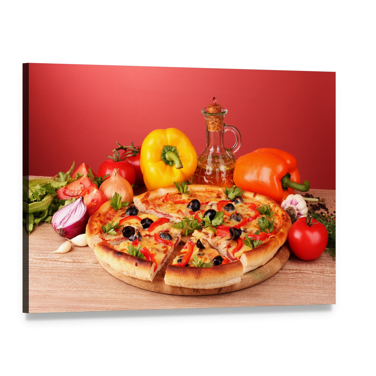 Pizza and Vegetables on a Table Canvas Wall Art, single panel gallery wrapped canvas, angled product view