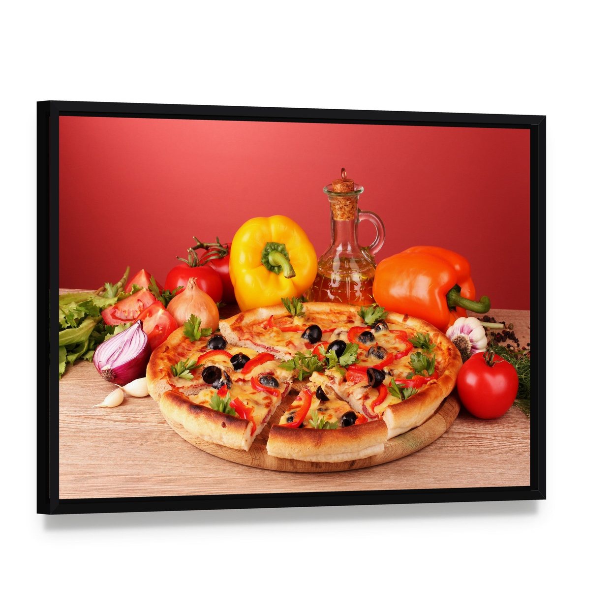 Pizza and Vegetables on a Table Canvas Wall Art, framed canvas in a black floater frame, angled product view