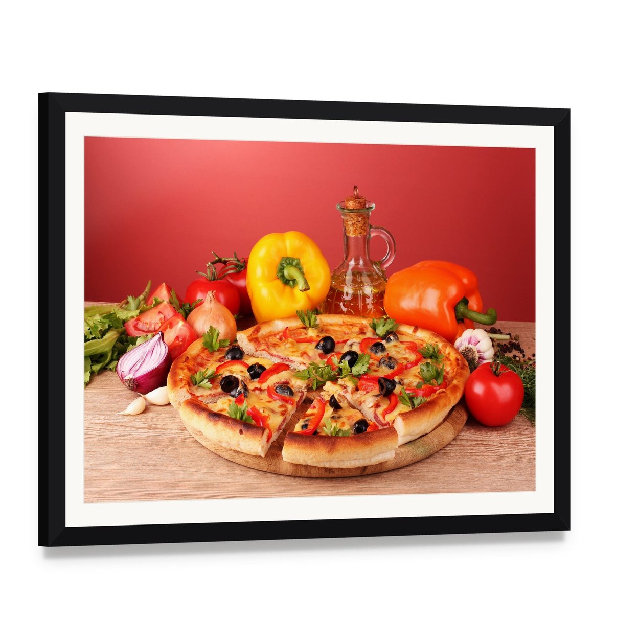 Pizza and Vegetables on a Table Canvas Wall Art, framed print with white mat and black frame, angled product view
