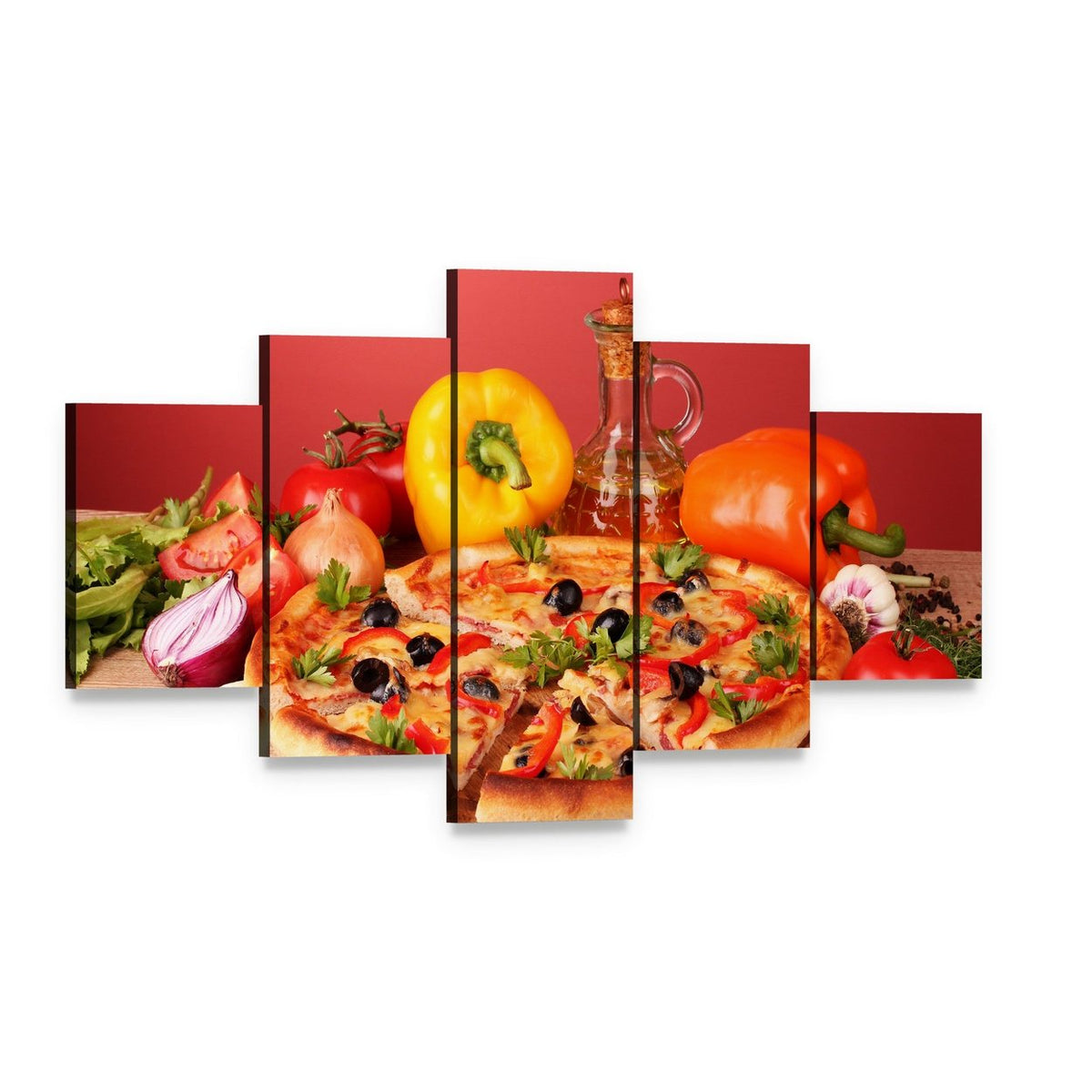 Pizza and Vegetables on a Table Canvas Wall Art, 5 panel 5 Star layout gallery wrapped canvas set, angled product view
