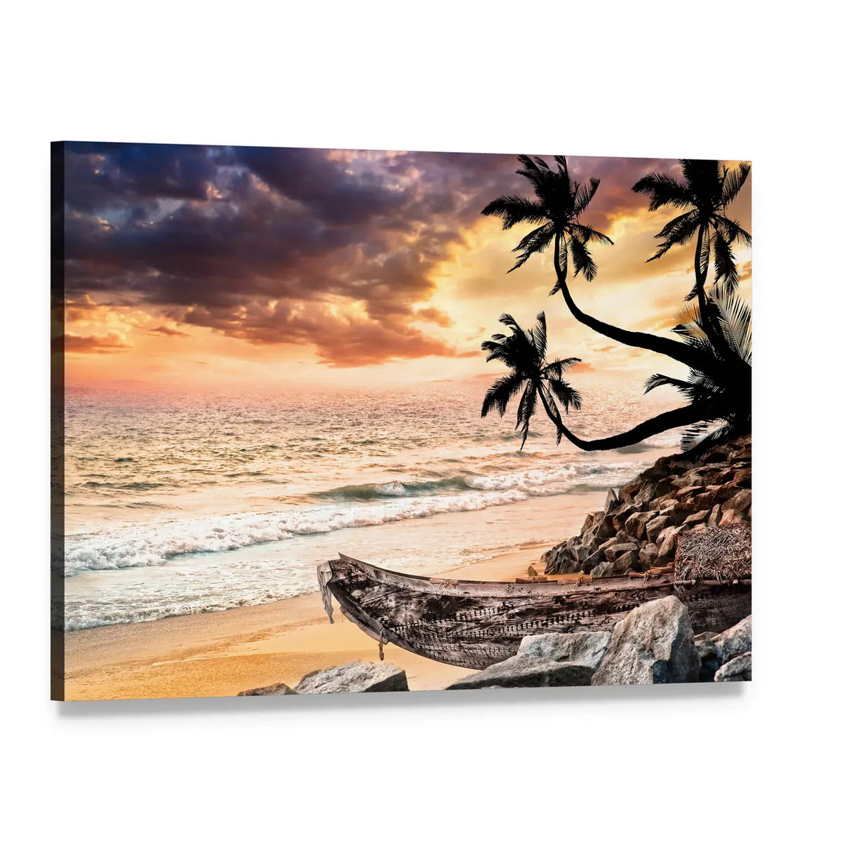 Tropical Sunset Beach with Wrecked Boat Canvas Wall Art, single panel gallery wrapped canvas, angled product view