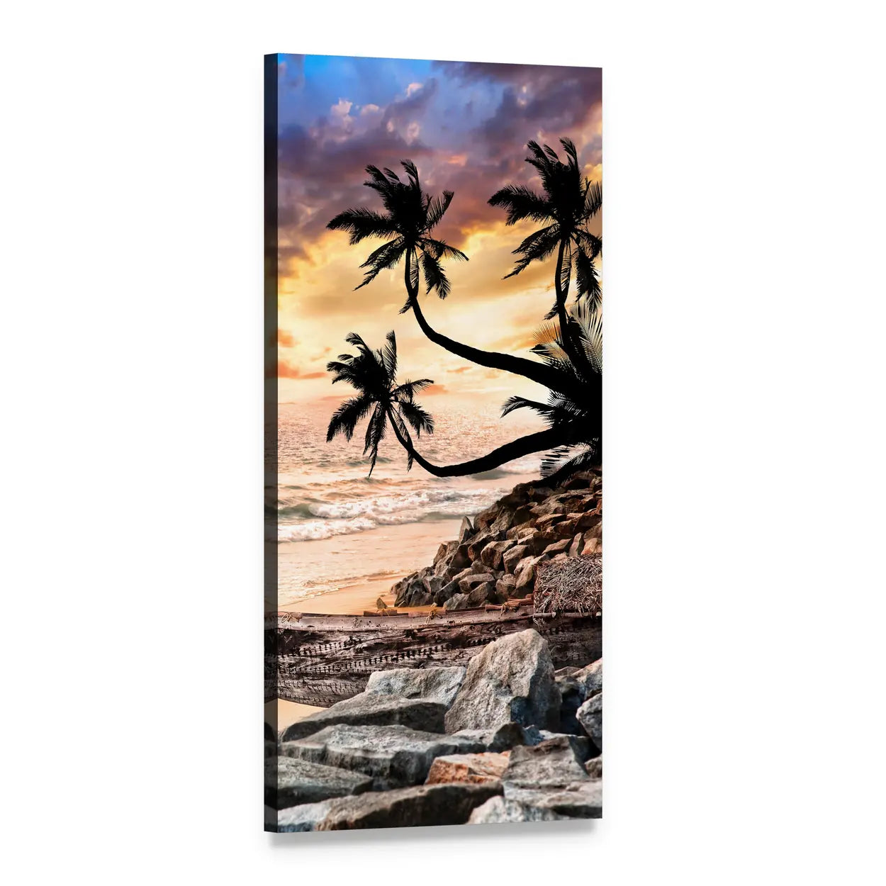 Tropical Sunset Beach with Palm Trees Vertical Canvas Wall Art, 1 panel 1 Vertical layout gallery wrapped canvas set, angled product view