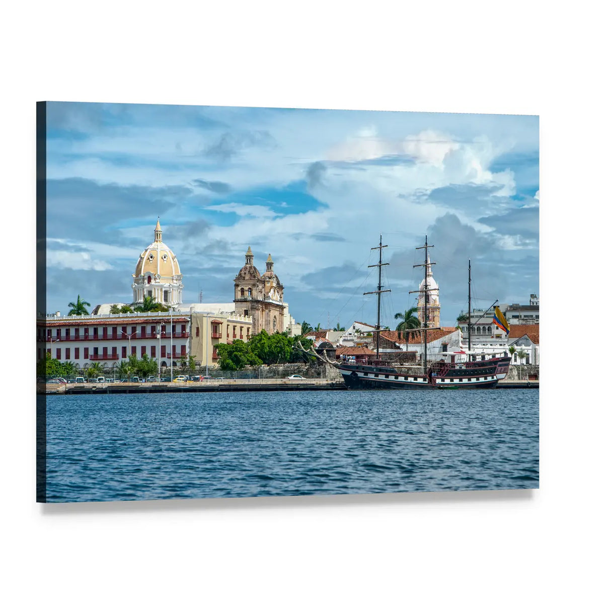 Cartagena Harbor with Domed Buildings and Tall Ship Canvas Wall Art, single panel gallery wrapped canvas, angled product view