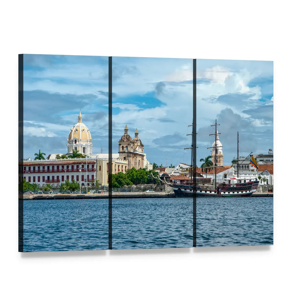 Cartagena Harbor with Domed Buildings and Tall Ship Canvas Wall Art, 3 panel 3 Horizontal layout gallery wrapped canvas set, angled product view
