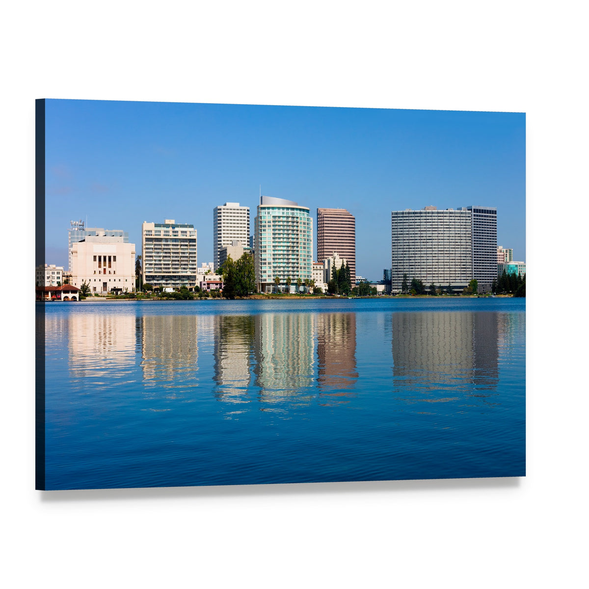 Lake Merritt Waterfront Reflection Canvas Wall Art, single panel gallery wrapped canvas, angled product view