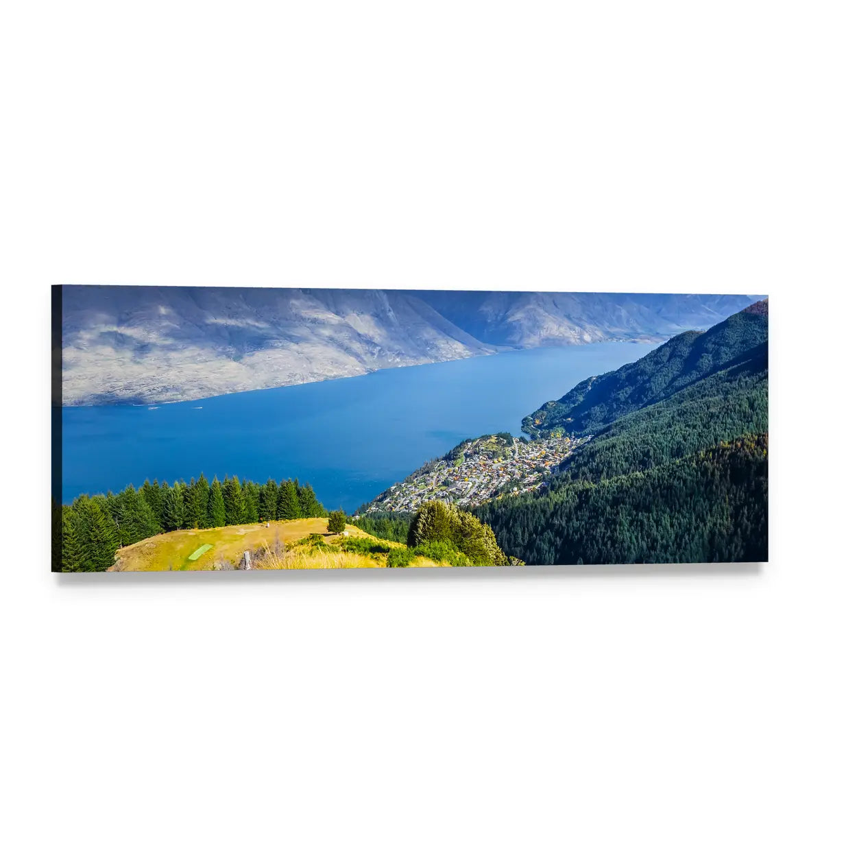Lake Wakatipu Lakeshore View Panoramic Canvas Wall Art, single panel gallery wrapped canvas, angled product view