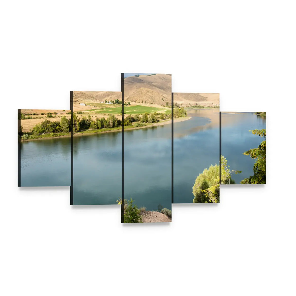 Mountain River with Water Reflections Canvas Wall Art, 5 panel 5 Star layout gallery wrapped canvas set, angled product view