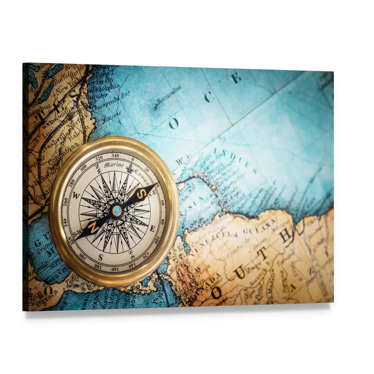 Brass Compass on Antique World Map Canvas Wall Art, single panel gallery wrapped canvas, angled product view