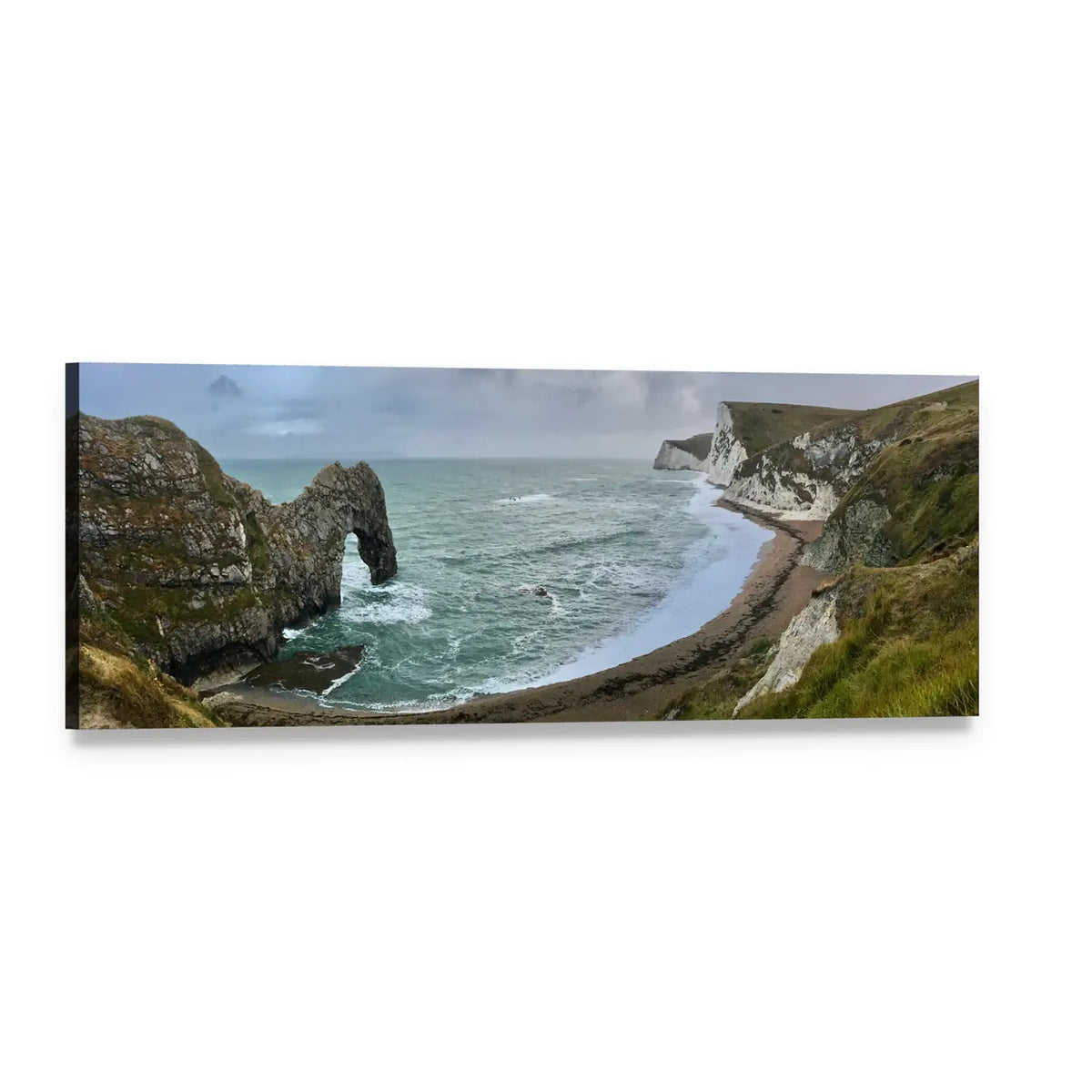 Durdle Door Natural Stone Arch Panoramic Canvas Wall Art, single panel gallery wrapped canvas, angled product view
