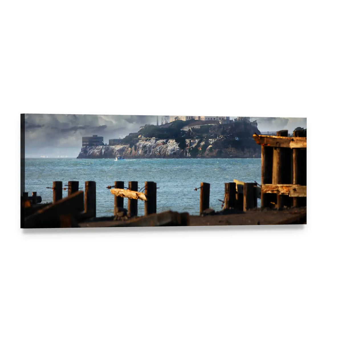 Weathered Pier at San Francisco Bay Panoramic Canvas Wall Art, single panel gallery wrapped canvas, angled product view