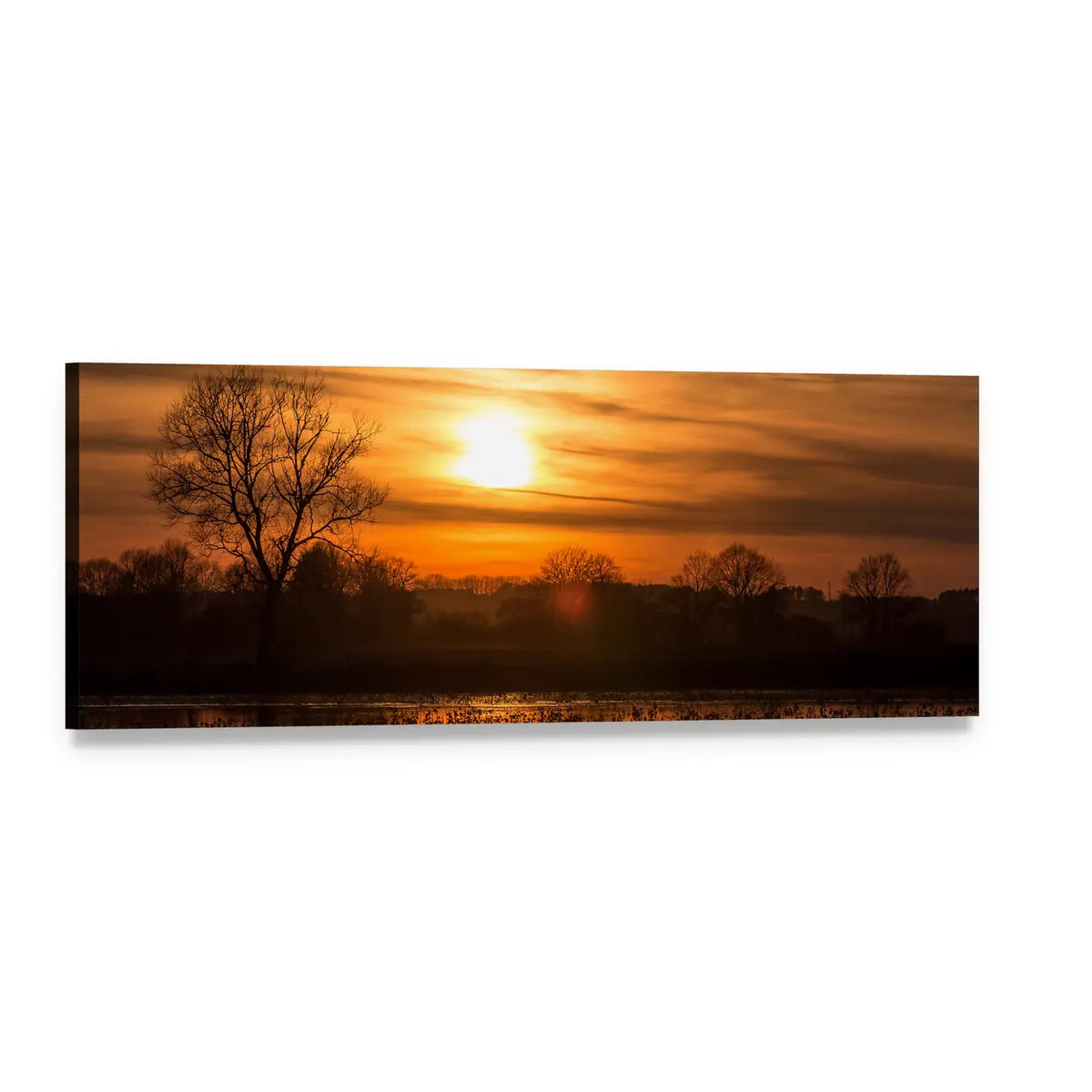 Sunset Sky Over Sea with Tree Silhouettes Panoramic Canvas Wall Art, single panel gallery wrapped canvas, angled product view