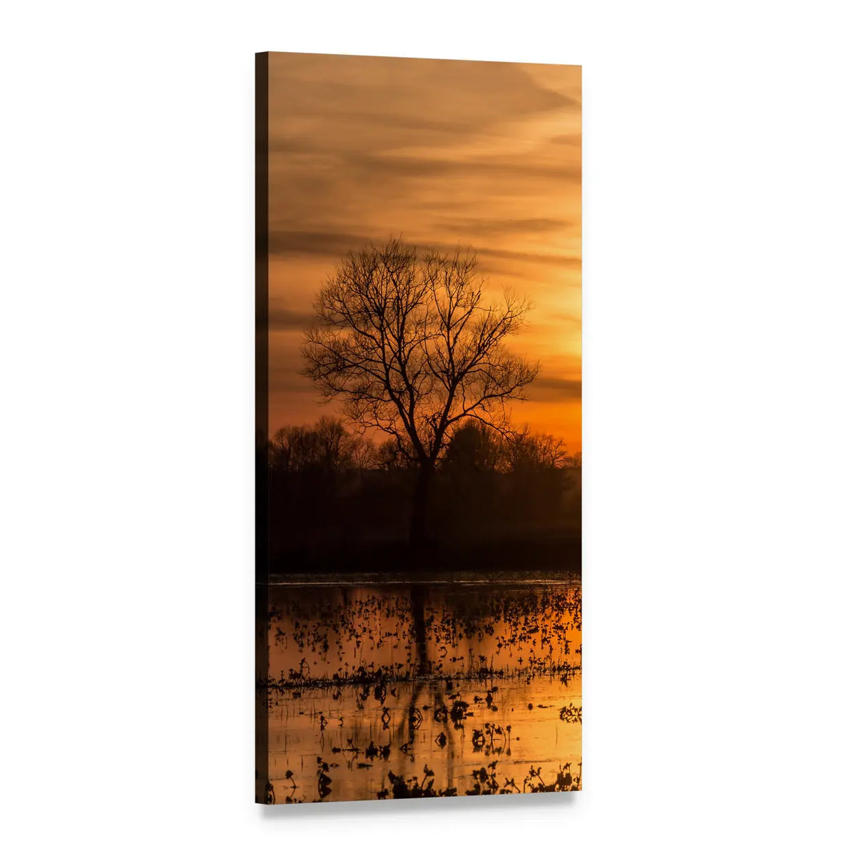 Leafless Tree Over Calm Water at Sunset Vertical Canvas Wall Art, 1 panel 1 Vertical layout gallery wrapped canvas set, angled product view