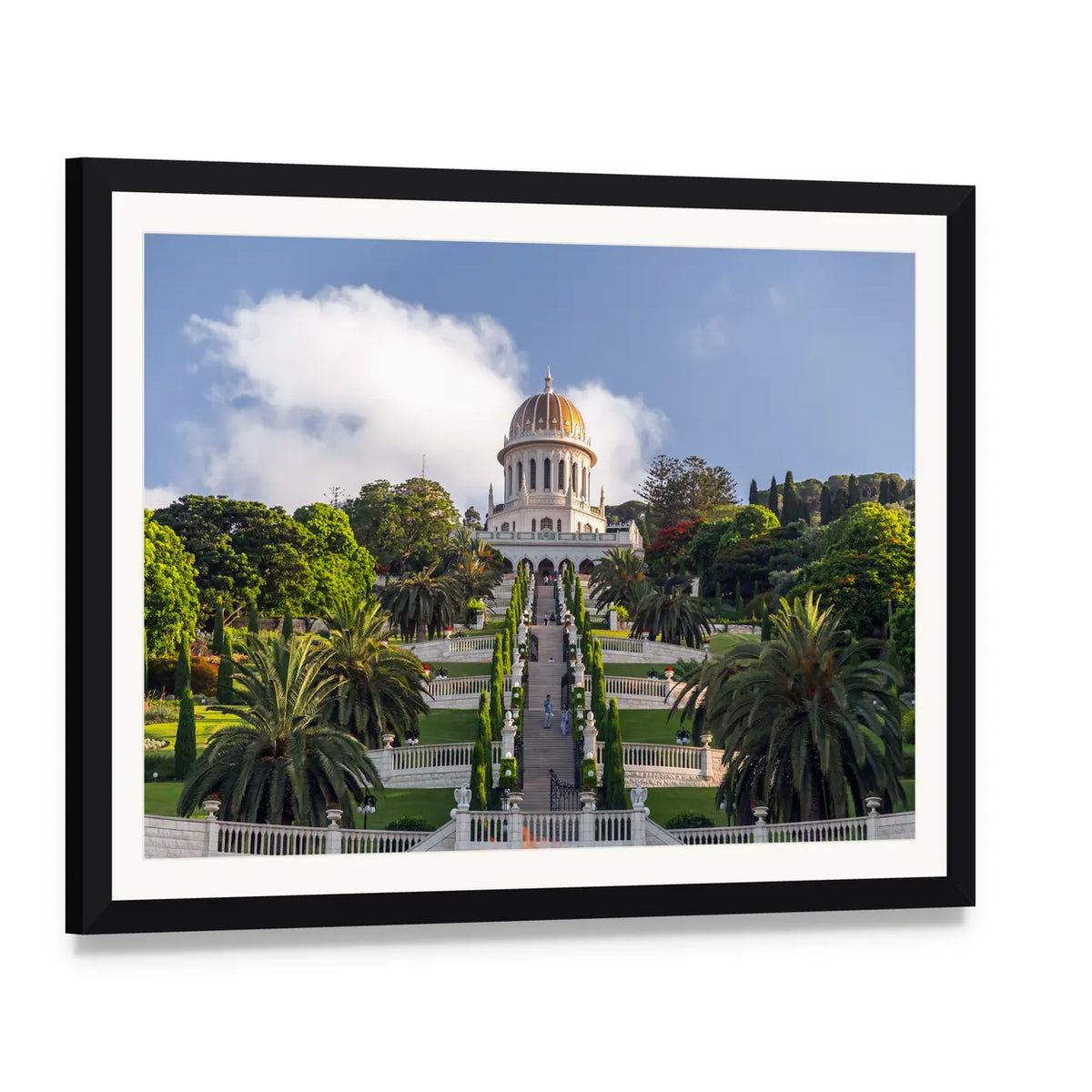 Baháʼí Gardens Golden Dome, Haifa Canvas Wall Art, framed print with white mat and black frame, angled product view