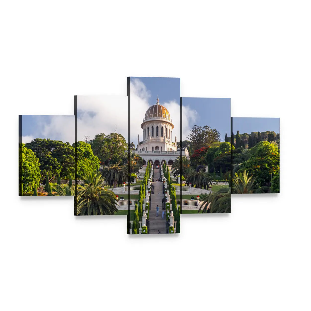 Baháʼí Gardens Golden Dome, Haifa Canvas Wall Art, 5 panel 5 Star layout gallery wrapped canvas set, angled product view