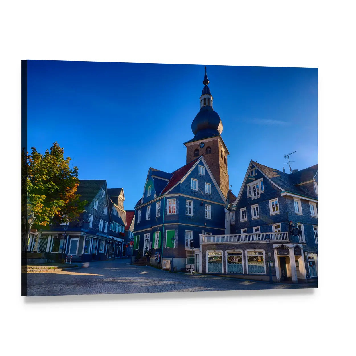 Lennep Market Square with Church Steeple Canvas Wall Art, single panel gallery wrapped canvas, angled product view
