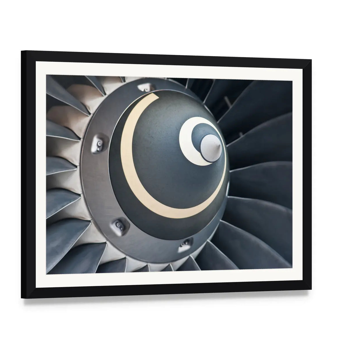 Jet Engine Turbine Blades Canvas Wall Art, framed print with white mat and black frame, angled product view