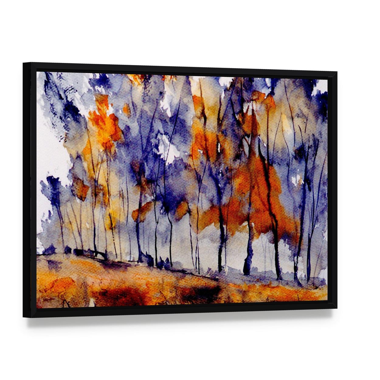 Rough Watercolor Painting of Trees Canvas Wall Art, framed canvas in a black floater frame, angled product view