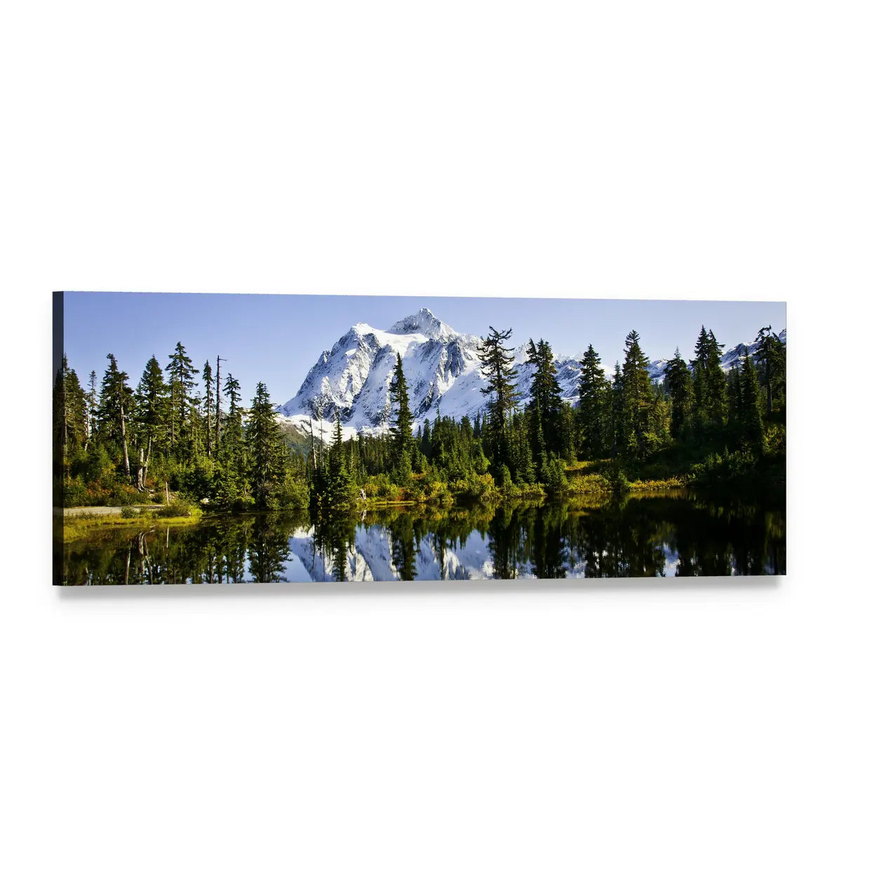 Mount Baker Lake Reflection Panoramic Canvas Wall Art, single panel gallery wrapped canvas, angled product view
