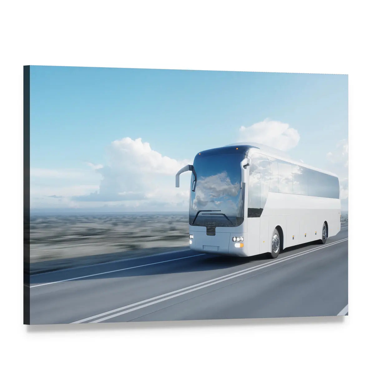 White Coach Bus on Highway Canvas Wall Art, single panel gallery wrapped canvas, angled product view