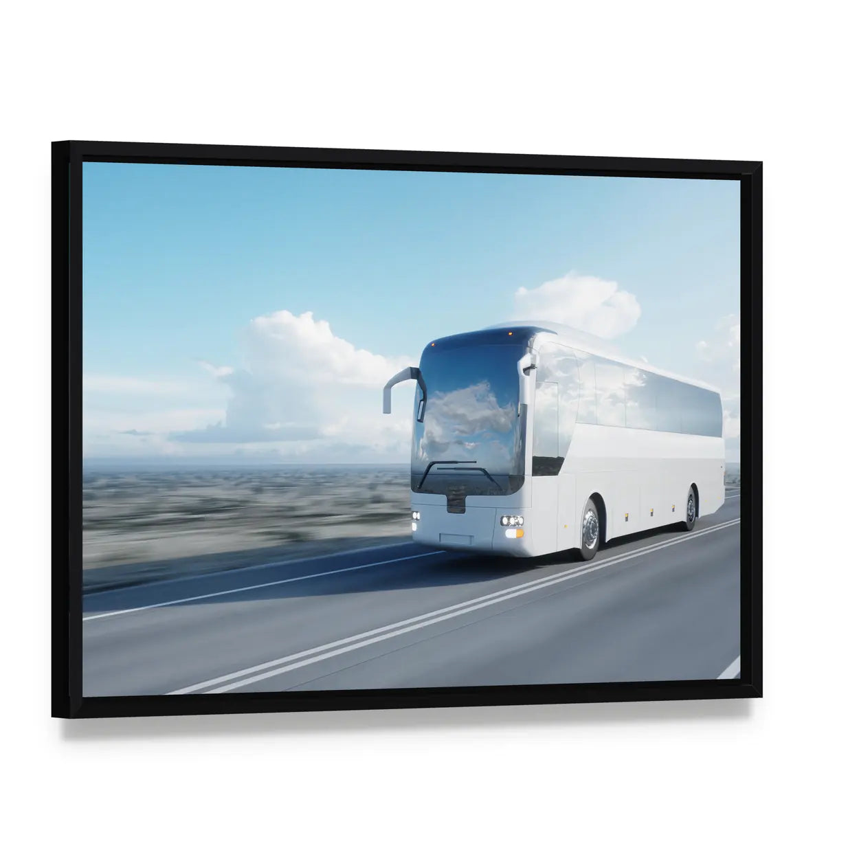 White Coach Bus on Highway Canvas Wall Art, framed canvas in a black floater frame, angled product view