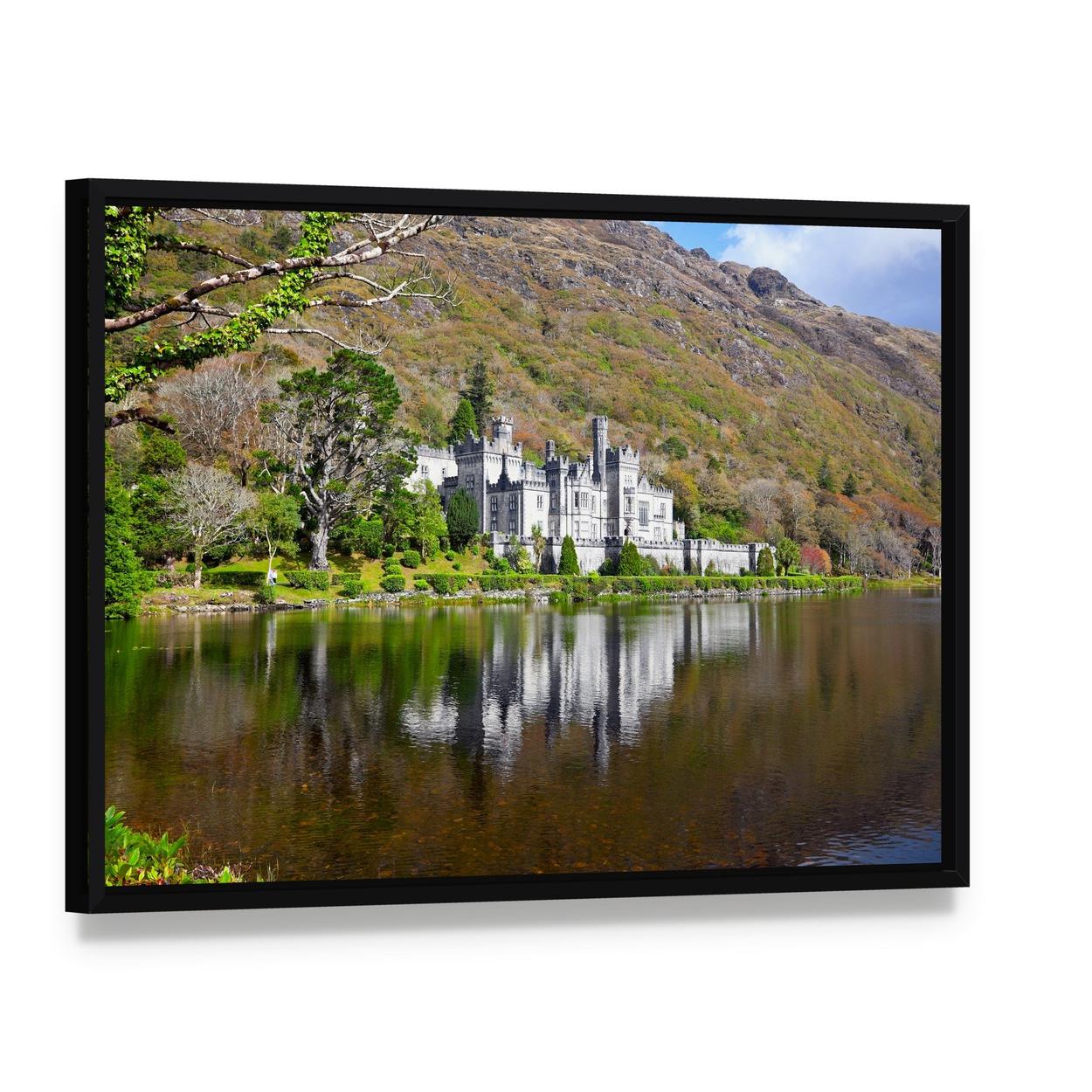Kylemore Abbey Artwork Canvas Wall Art, framed canvas in a black floater frame, angled product view
