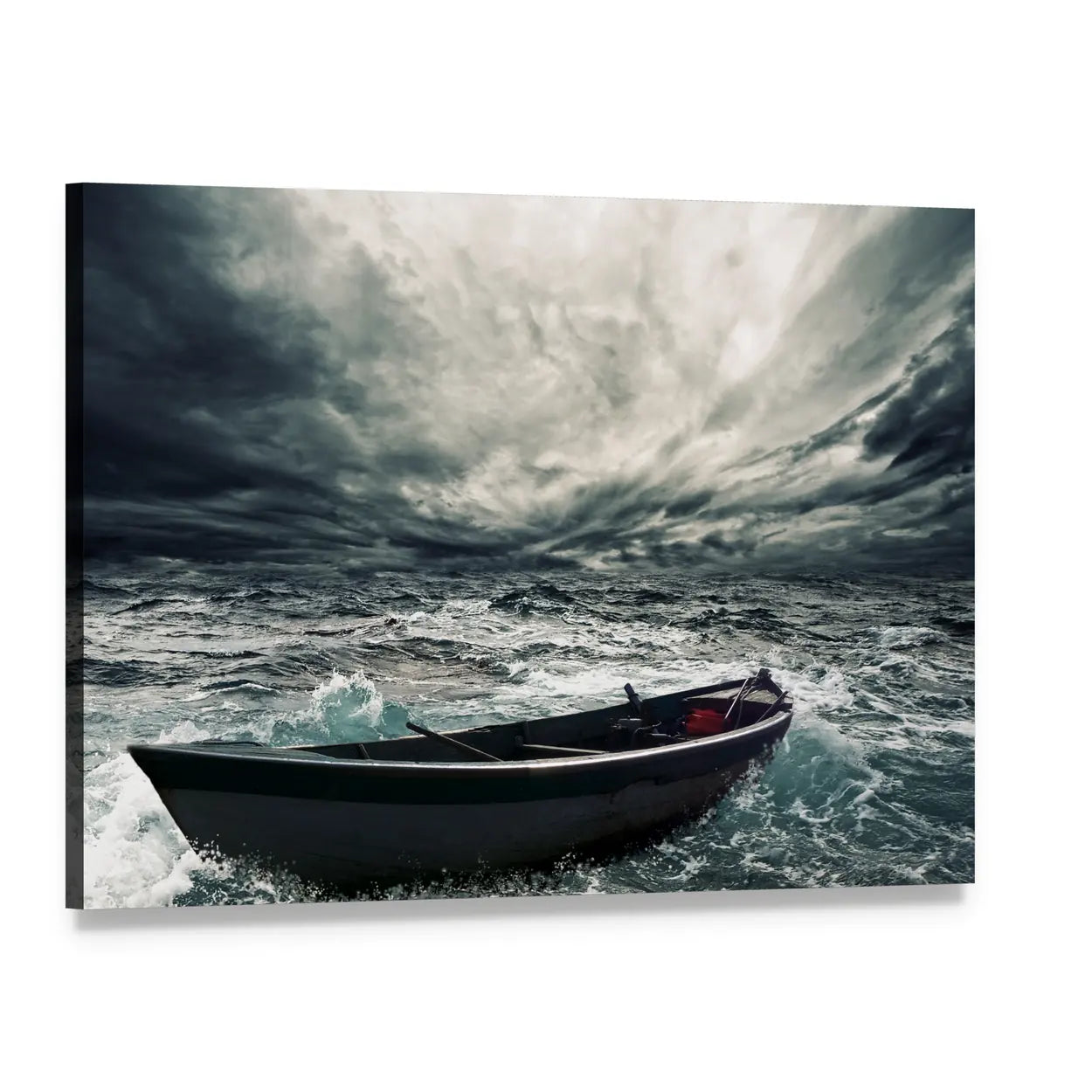 Small Wooden Boat in Stormy Sea Canvas Wall Art, single panel gallery wrapped canvas, angled product view
