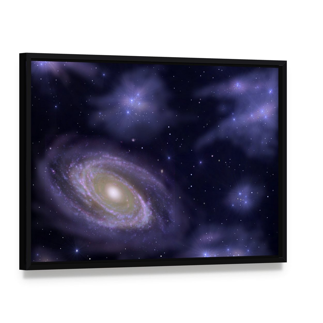 Deep Space Spiral Galaxy Canvas Wall Art, framed canvas in a black floater frame, angled product view
