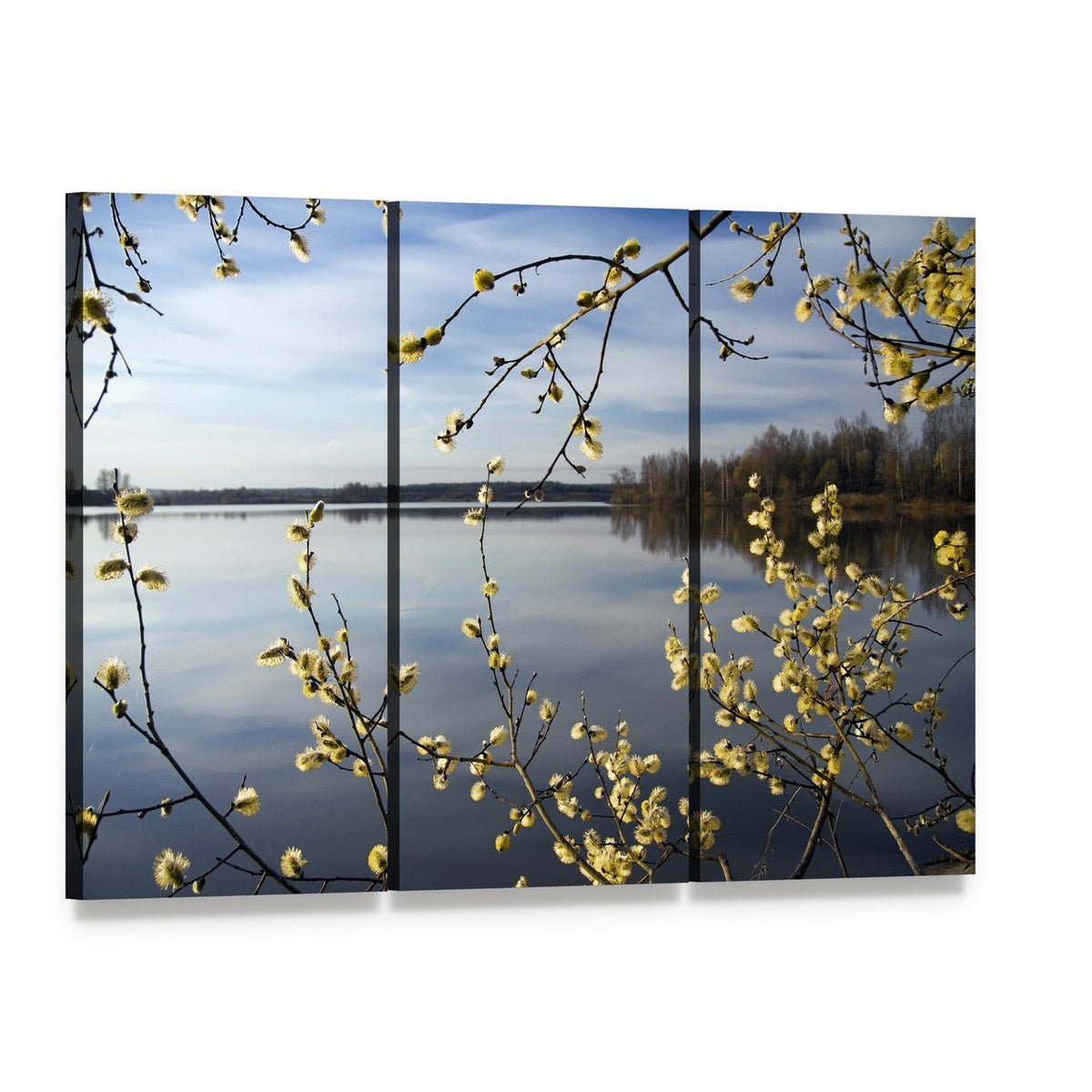 Lake in Spring Canvas Wall Art, 3 panel 3 Horizontal layout gallery wrapped canvas set, angled product view