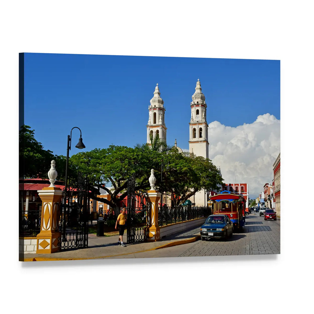 San Francisco De Campeche Cathedral Plaza Canvas Wall Art, single panel gallery wrapped canvas, angled product view