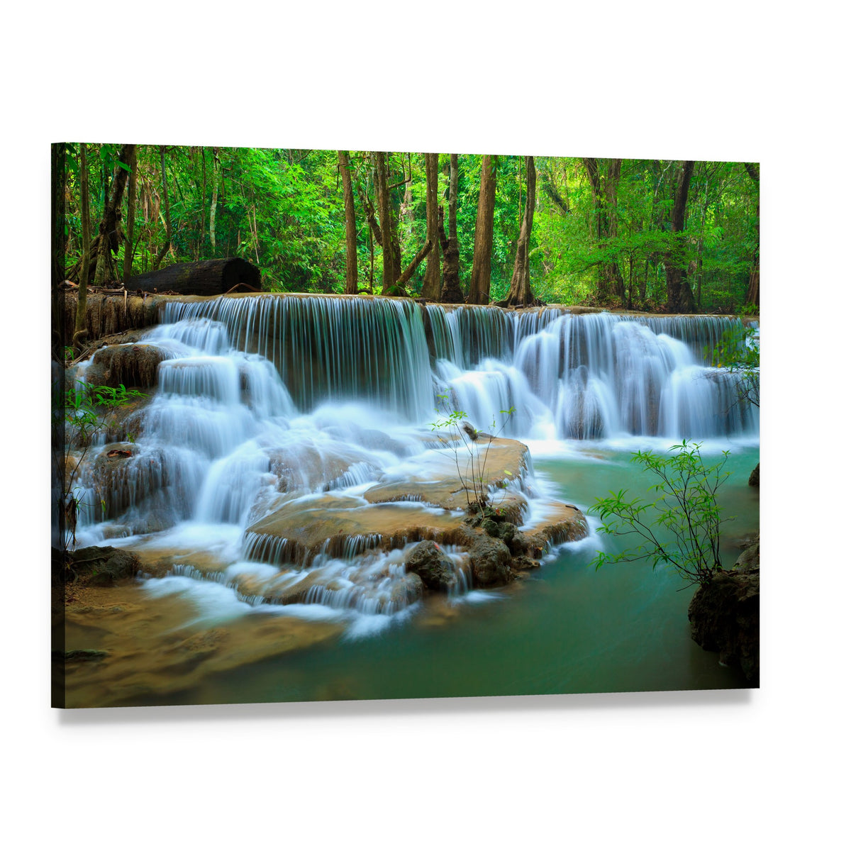 Waterfall in Green Forest Kanchanaburi Thailand Canvas Wall Art, single panel gallery wrapped canvas, angled product view