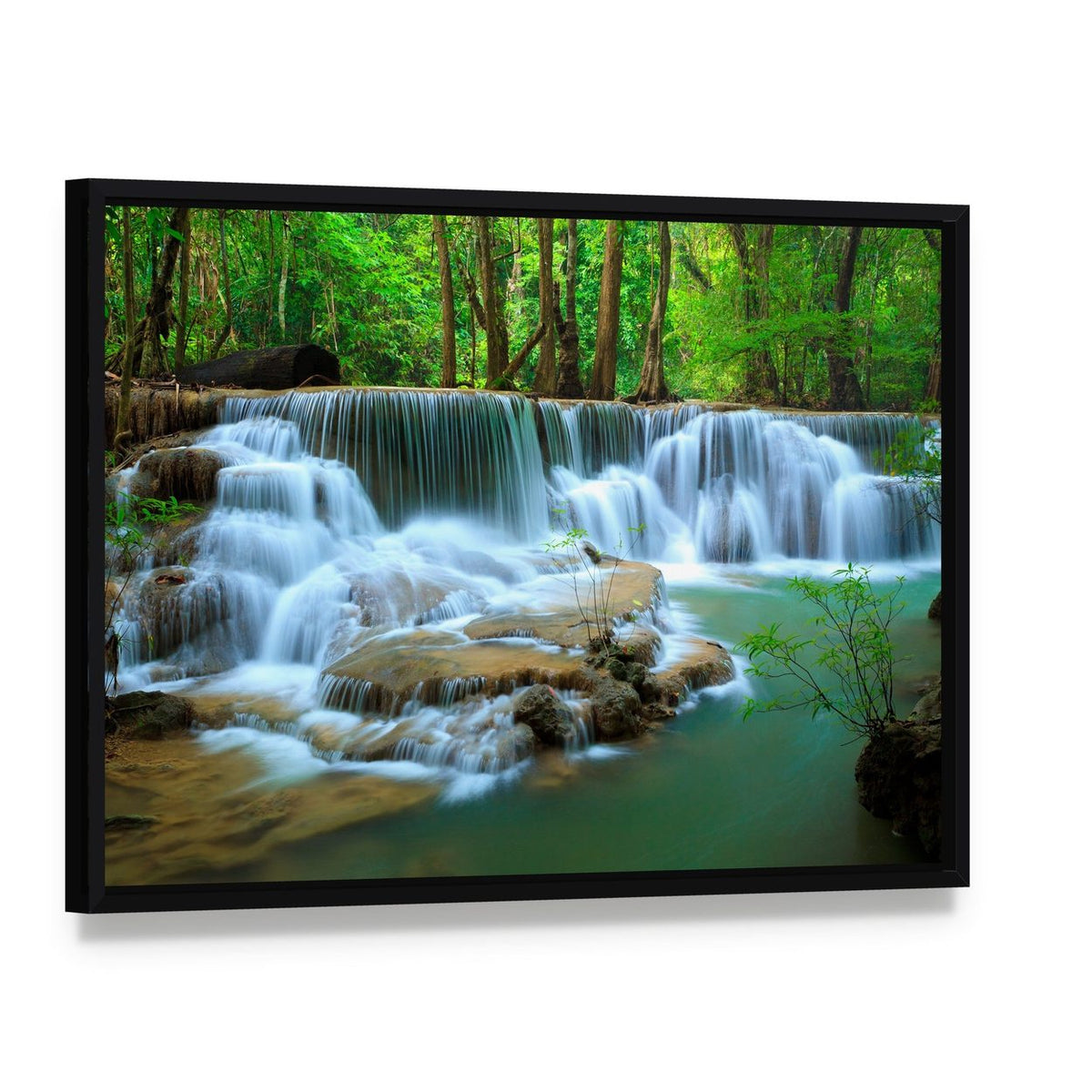 Waterfall in Green Forest Kanchanaburi Thailand Canvas Wall Art, framed canvas in a black floater frame, angled product view