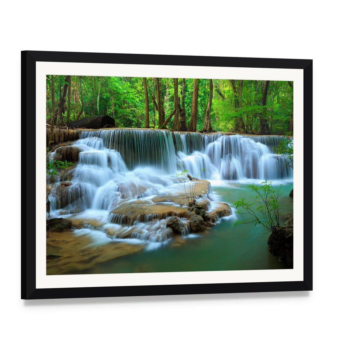 Waterfall in Green Forest Kanchanaburi Thailand Canvas Wall Art, framed print with white mat and black frame, angled product view