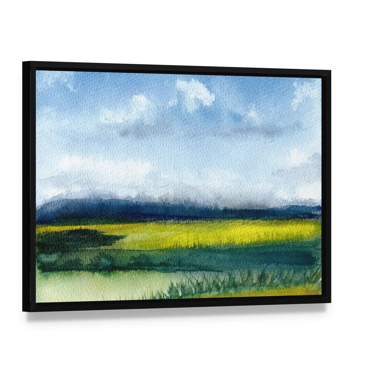 Hand-drawn Fields Watercolor Canvas Wall Art, framed canvas in a black floater frame, angled product view
