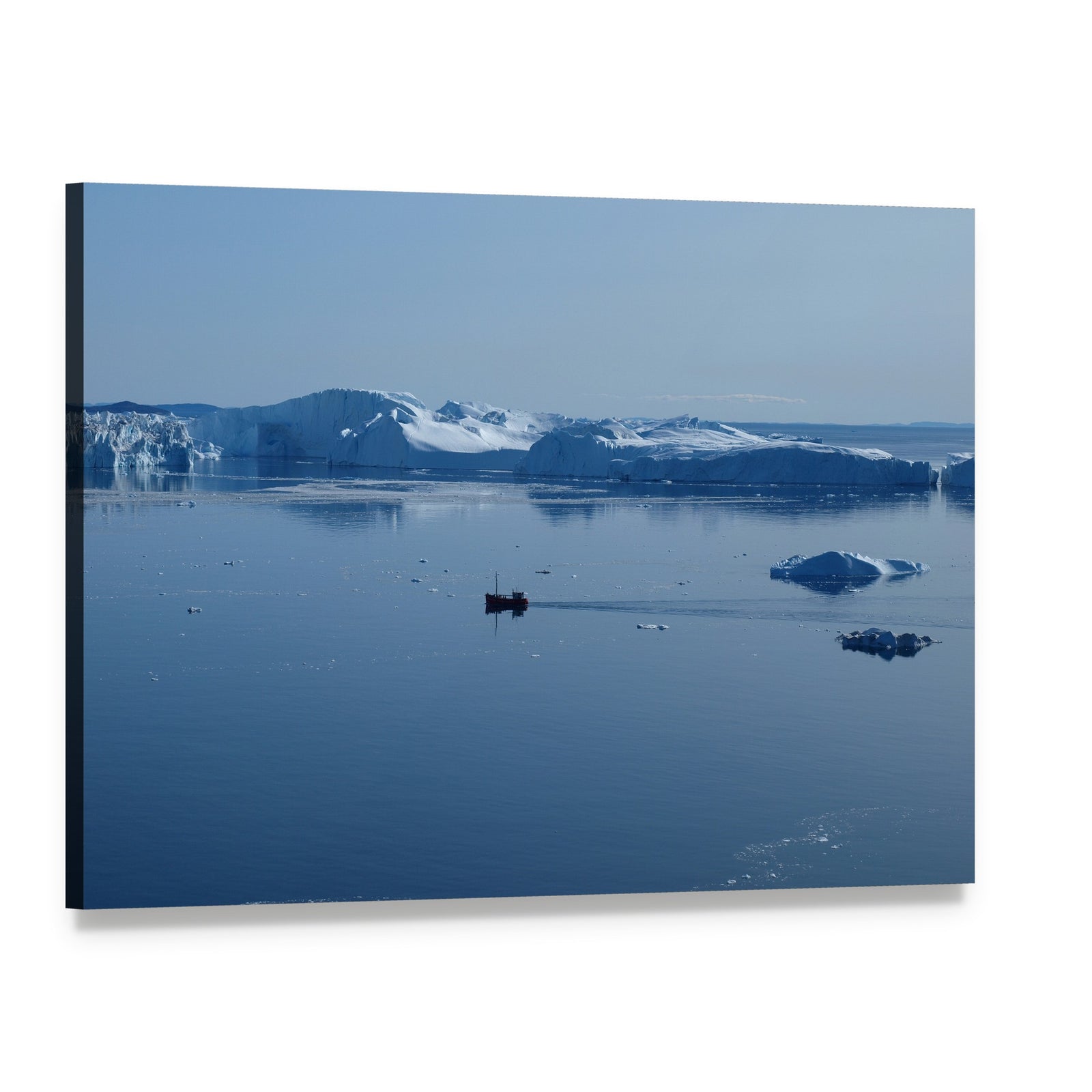 Boat in Ilulissat Icefjord Canvas Wall Art, single panel gallery wrapped canvas, angled product view