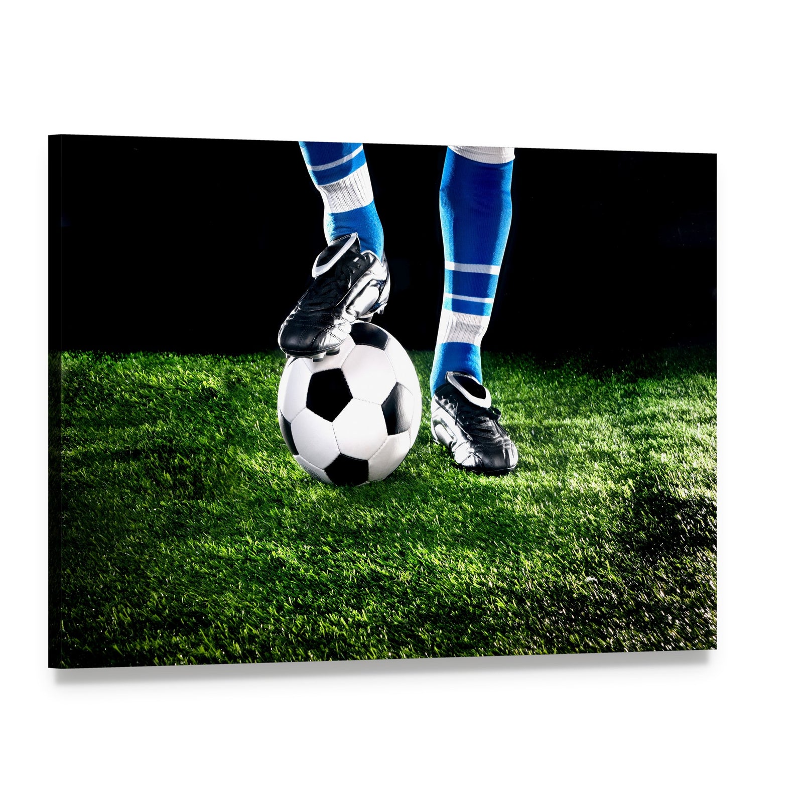 Soccer Ball and Player Canvas Wall Art, single panel gallery wrapped canvas, angled product view