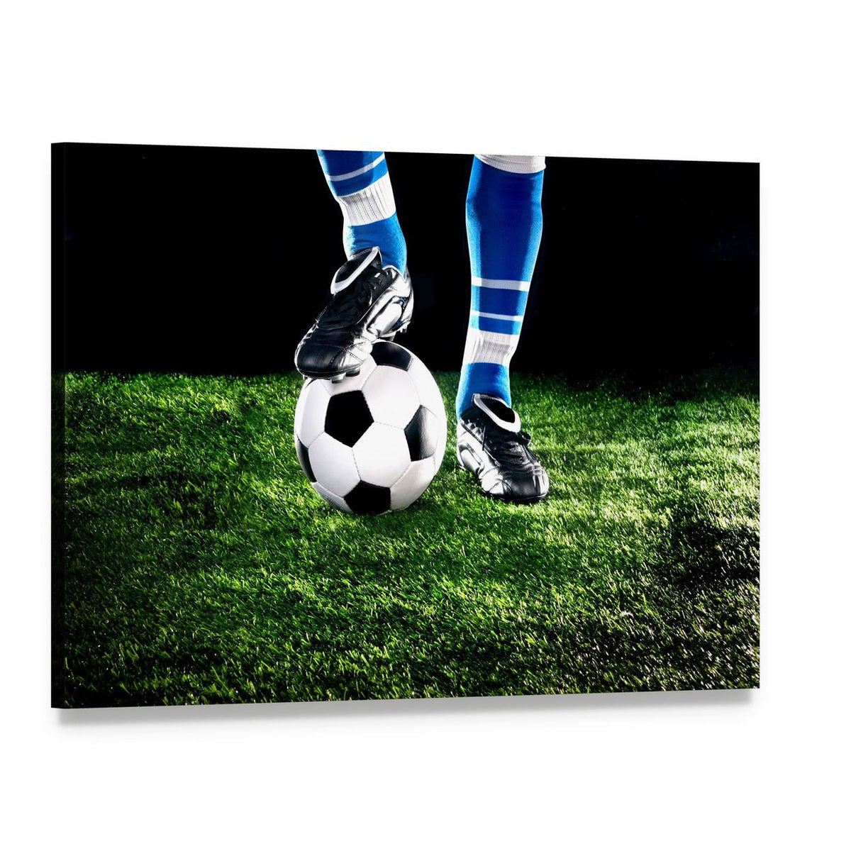 Soccer Ball and Player Canvas Wall Art, single panel gallery wrapped canvas, angled product view