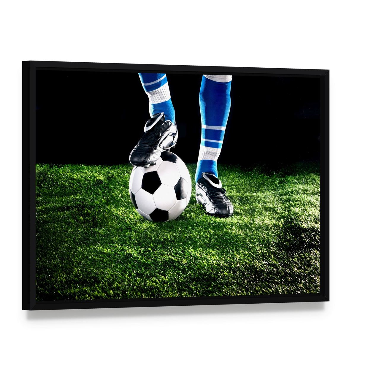 Soccer Ball and Player Canvas Wall Art, framed canvas in a black floater frame, angled product view